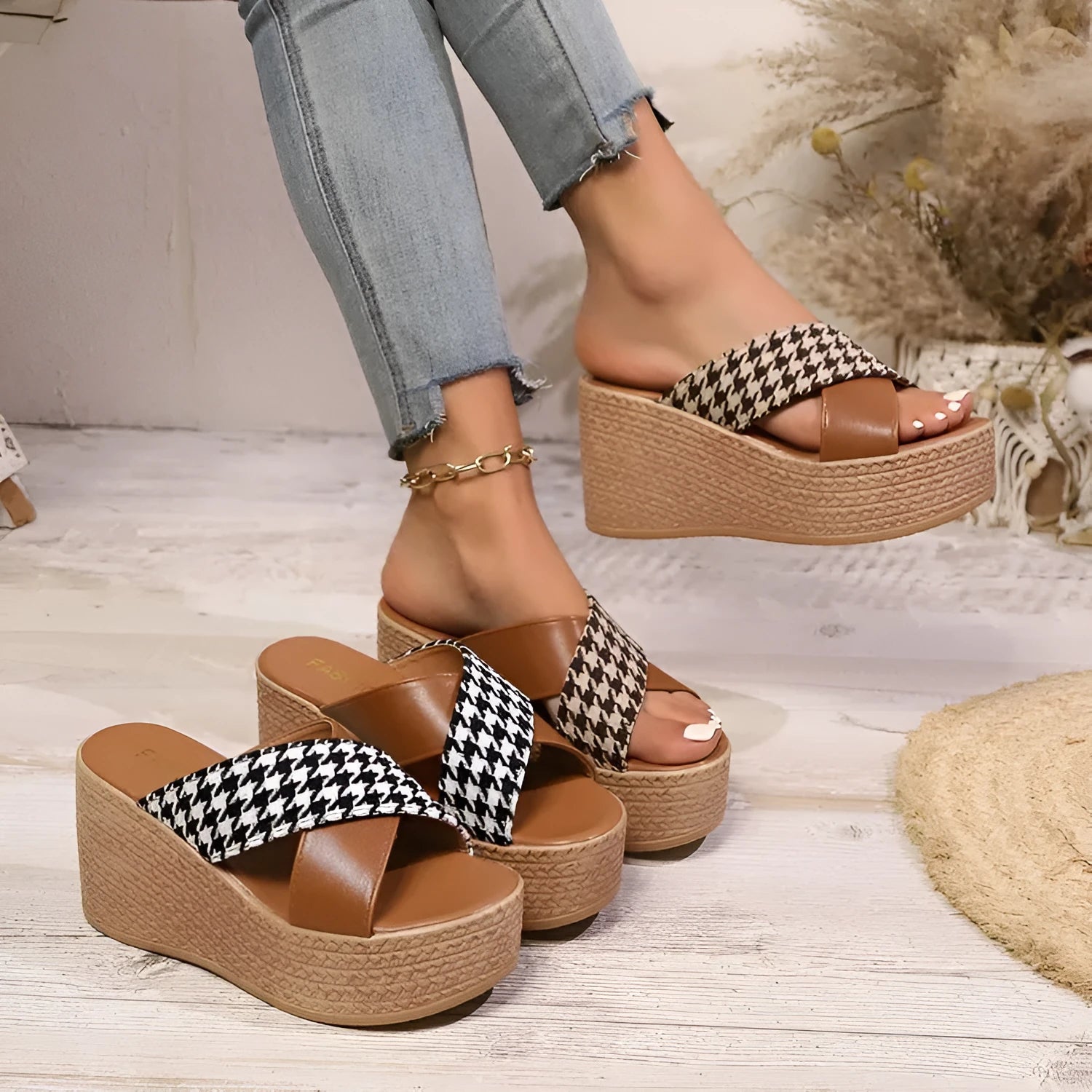 Cross leopard plaid wedge sandals with rubber sole in brown or black pattern for casual leisure wear