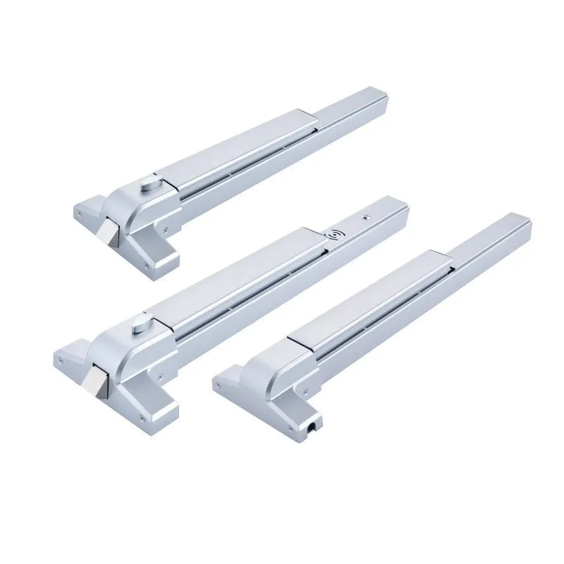 Stainless steel fireproof door push lock with external handle on a baked paint door.