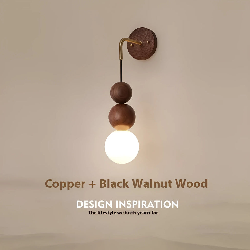 Wood copper wall lamp with walnut finish and tricolour LED lighting, 10cm diameter