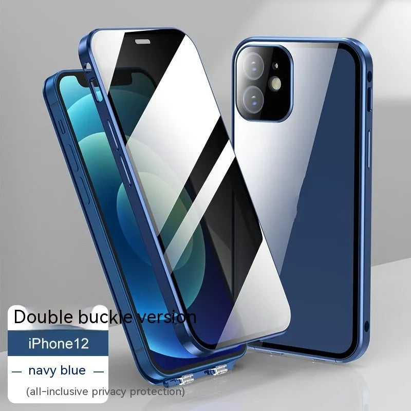 Glass privacy phone case with a double-sided buckle shown in multiple colours for iPhone models.
