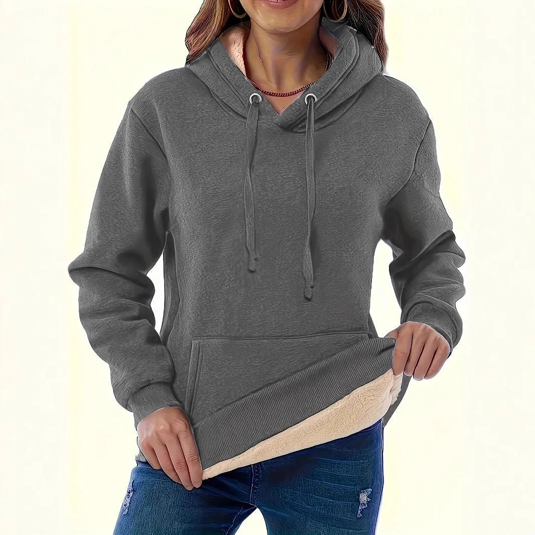 Women's loose-fitting hooded sweater with front pockets in thick polyester fabric