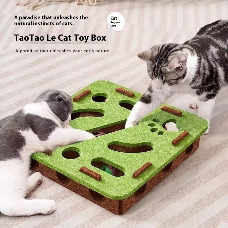 Wool felt cat scratching box toy in green brown colour, showing hollow square shape
