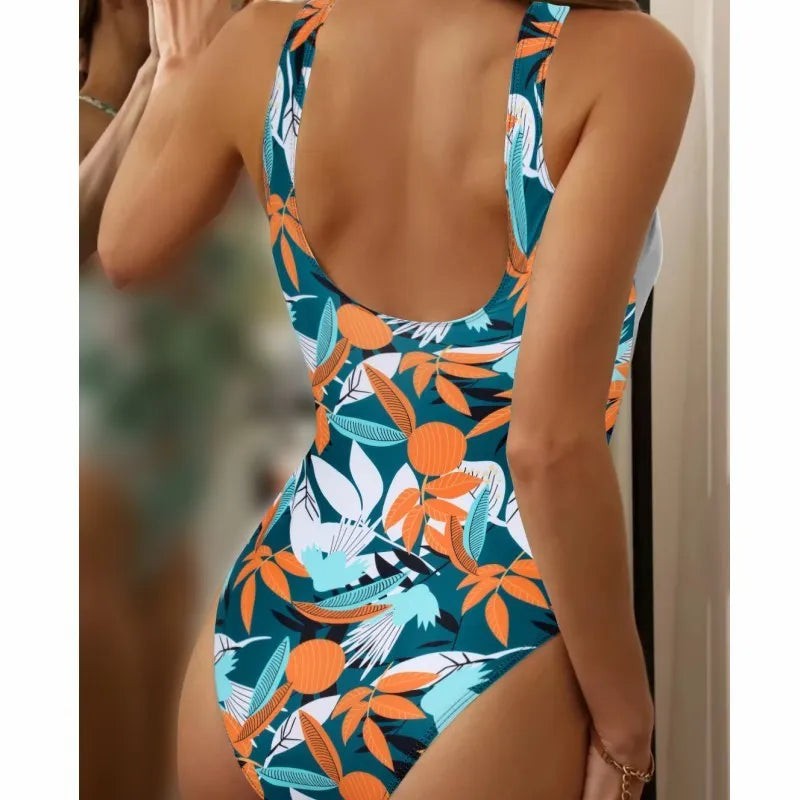 Women's high waist one-piece bikini swimsuit with printed pattern