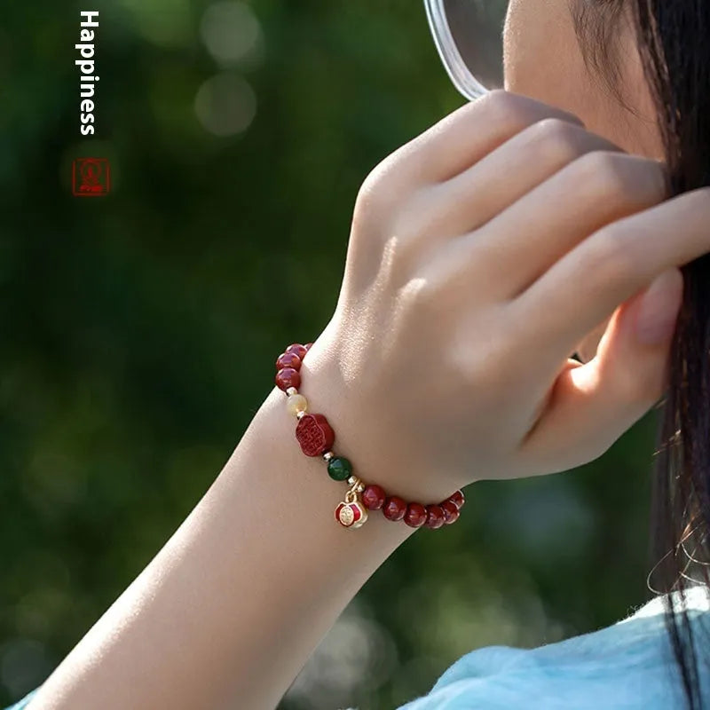 Happy Eyebrow Bracelet with emperor sandstone beads and fu character in New Chinese Style