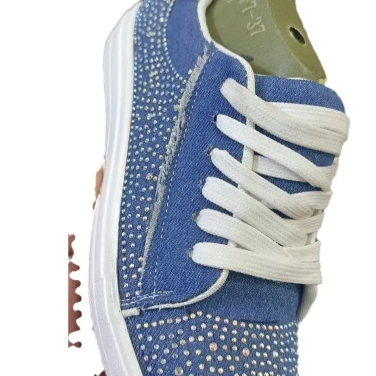 Plus size women's rhinestone lace-up casual shoes with thick rubber soles in black, blue, white, or red colours