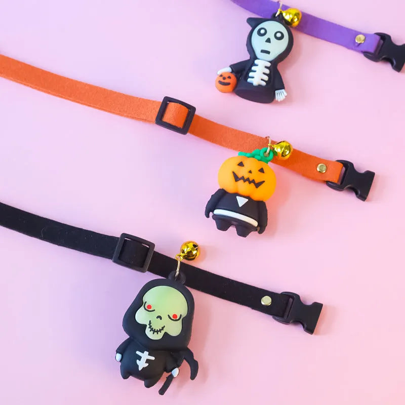 Halloween pet collar decoration with luminous skull pattern shown on adjustable polyester strap