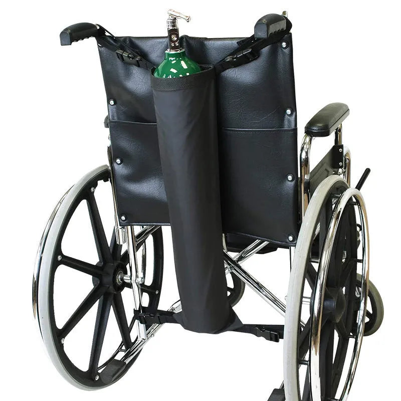 Black cylindrical oxygen cylinder pannier bag mounted on wheelchair with 600D Oxford cloth construction