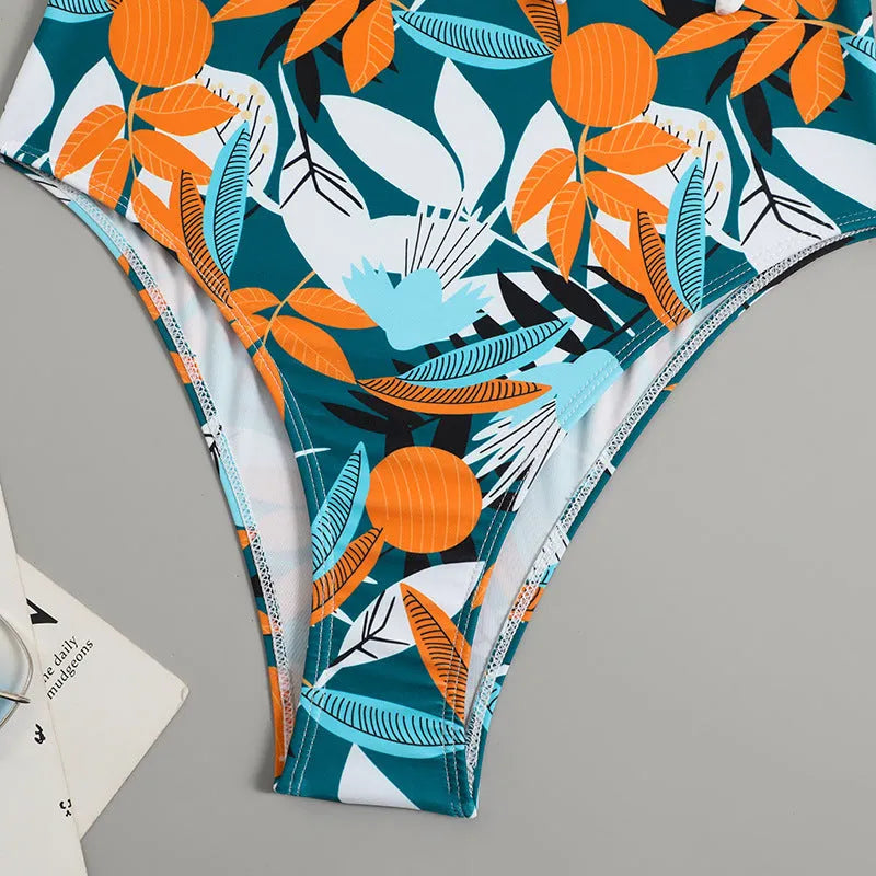 Women's high waist one-piece bikini swimsuit with printed pattern