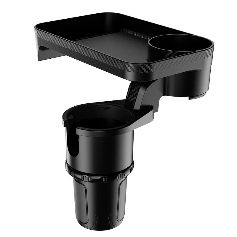 Black car-mounted rotating dinner tray holder showing 360-degree rotation mechanism