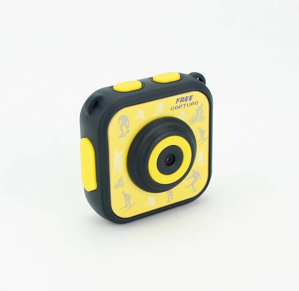 Yellow children's waterproof sports camera with LCD screen showing HD video recording capability