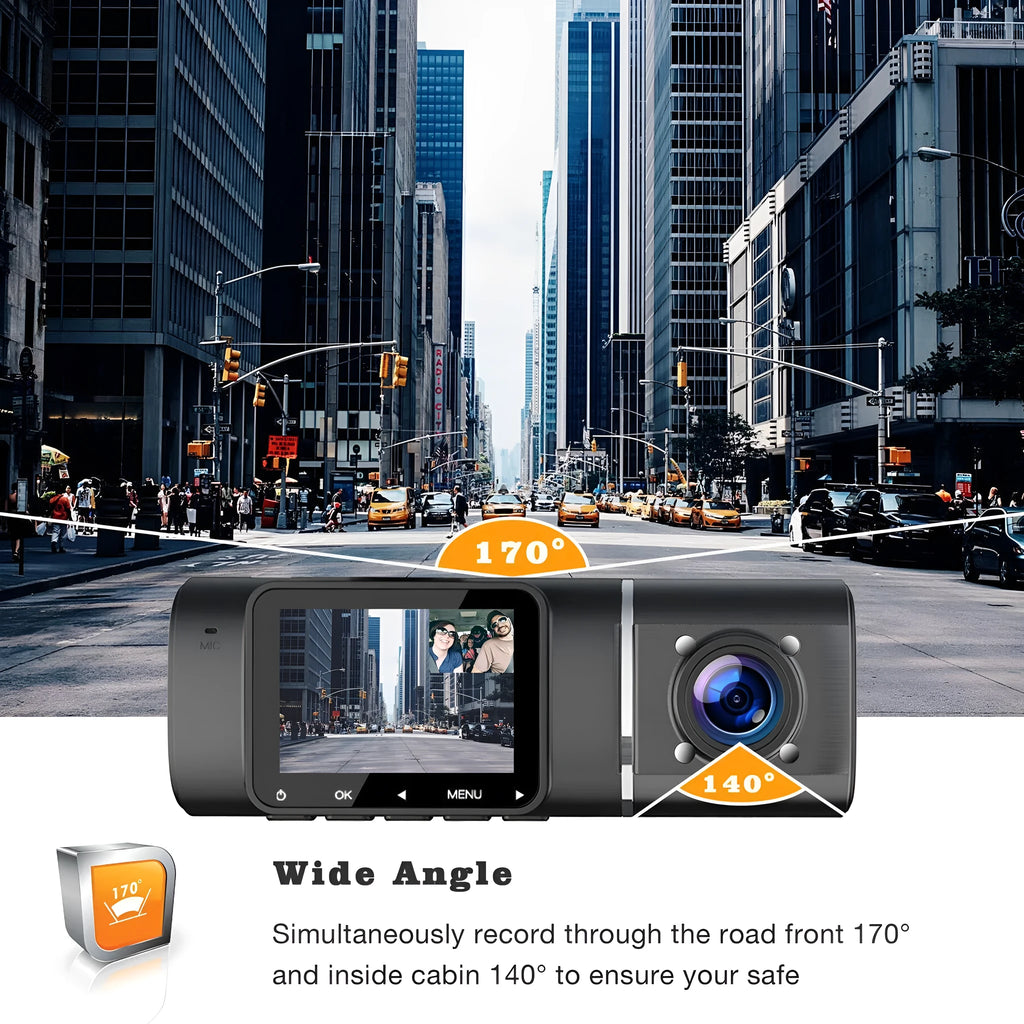 Black car dashcam with 1.5-inch screen showing dual camera recording display for front and rear vehicle monitoring