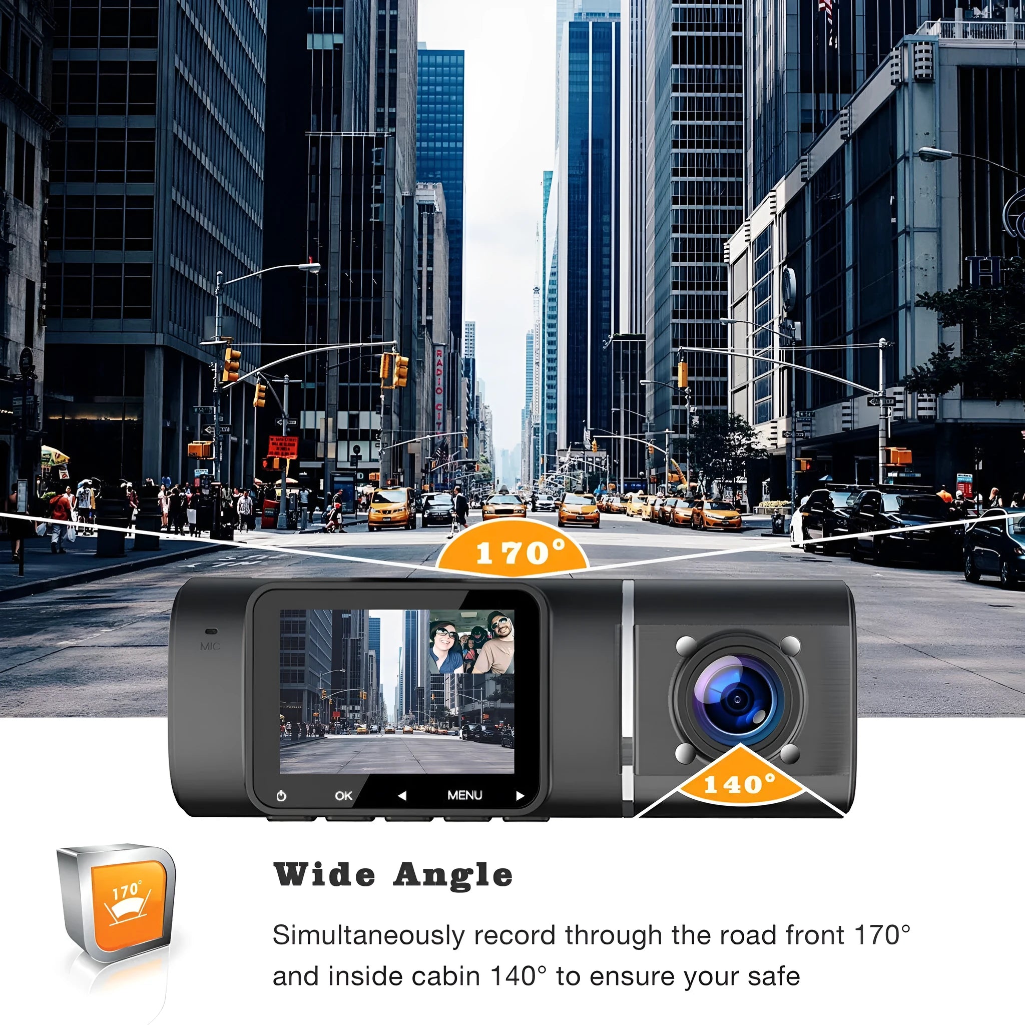 Black car dashcam with 1.5-inch screen showing dual camera recording display for front and rear vehicle monitoring