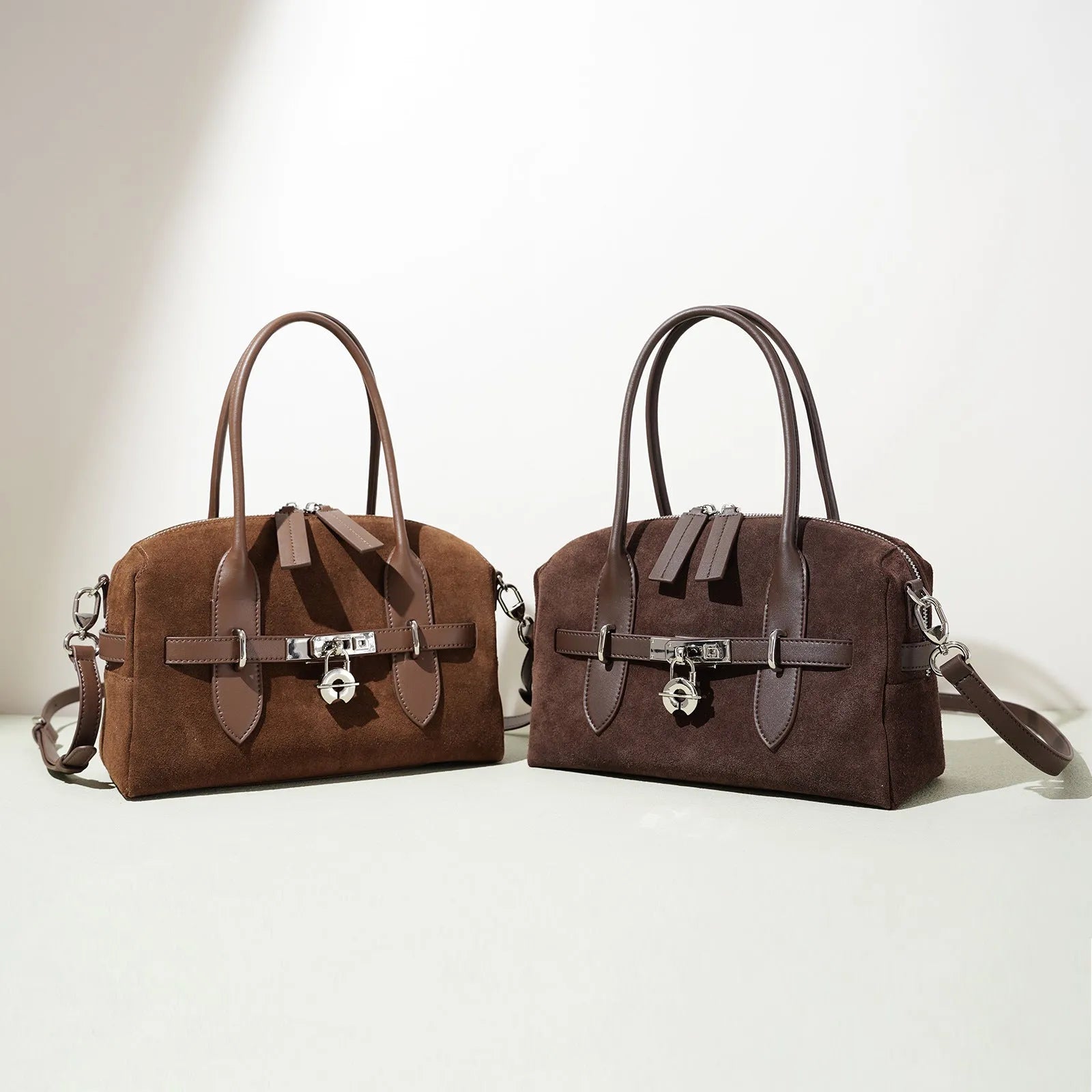 Frosted color-blocking genuine leather shoulder bag in brown with internal document pocket