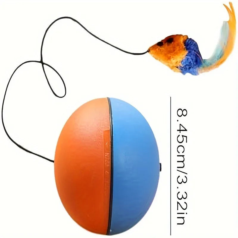 Interactive cat toy with grey and orange plush mouse, ball, and feather tail for feline exercise