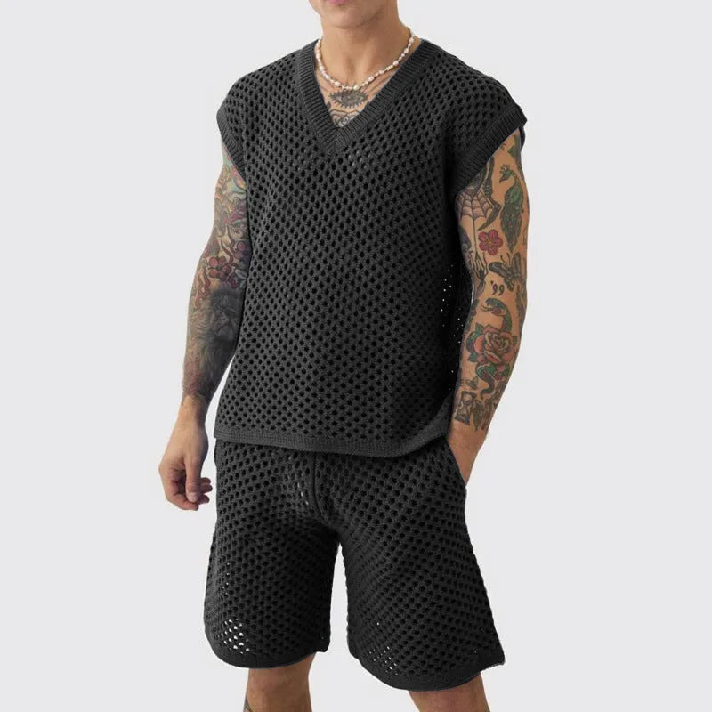 Men's blue knitted V-neck vest and matching shorts sports suit set on hanger