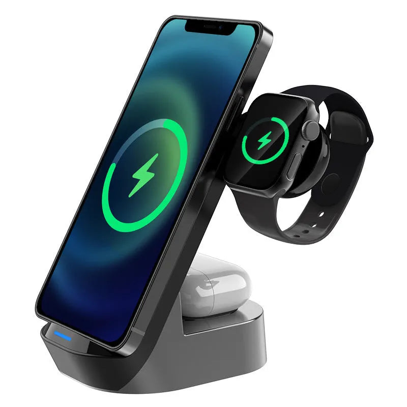 Black and grey foldable 3-in-1 wireless charging vertical stand for phone, watch and earbuds.