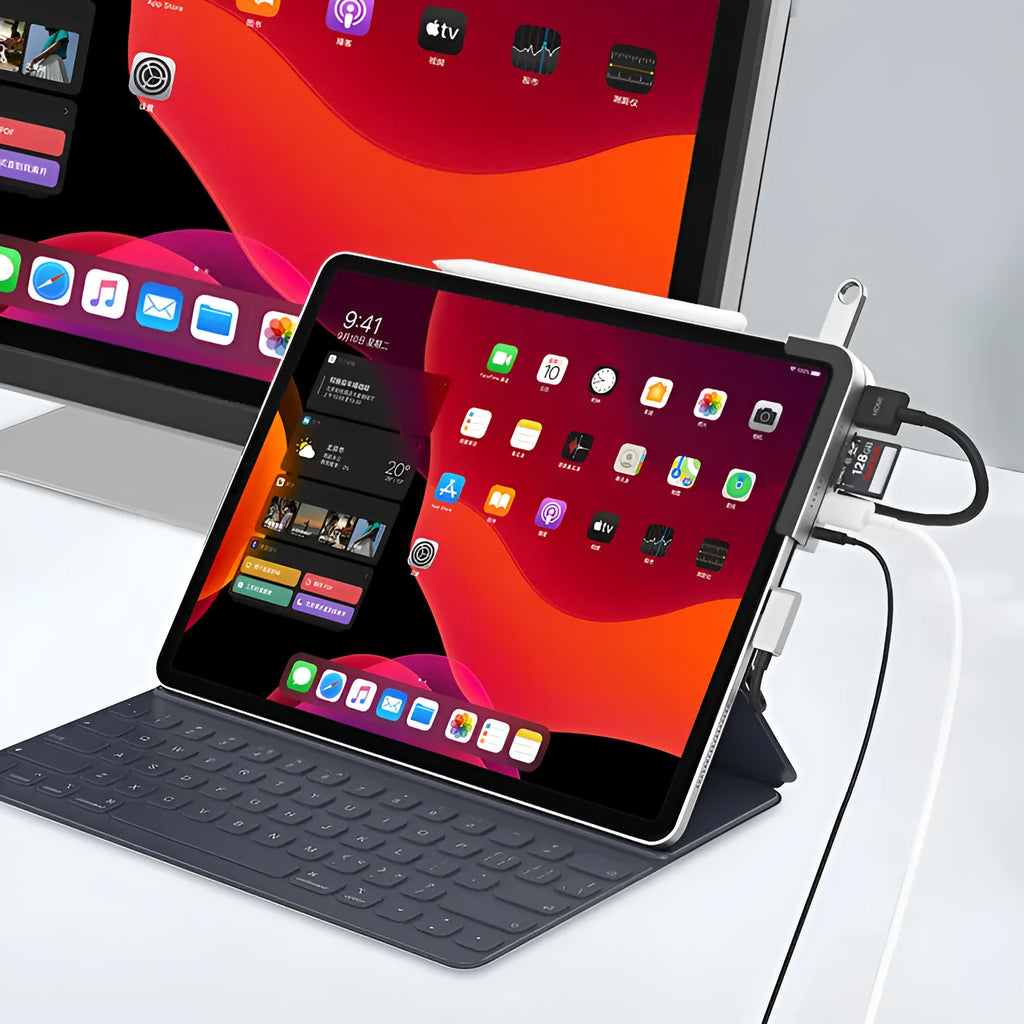 Silver aluminium grey USB-C docking station for iPad Pro with HDMI port and card reader