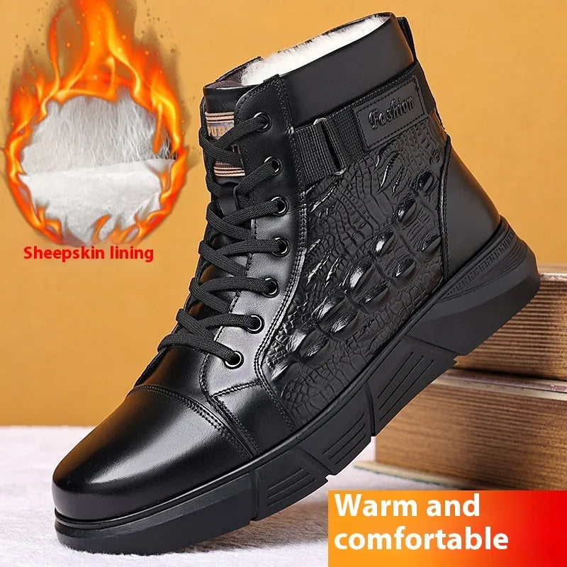 Black and brown velvet style snow boots with genuine leather upper and fur lining