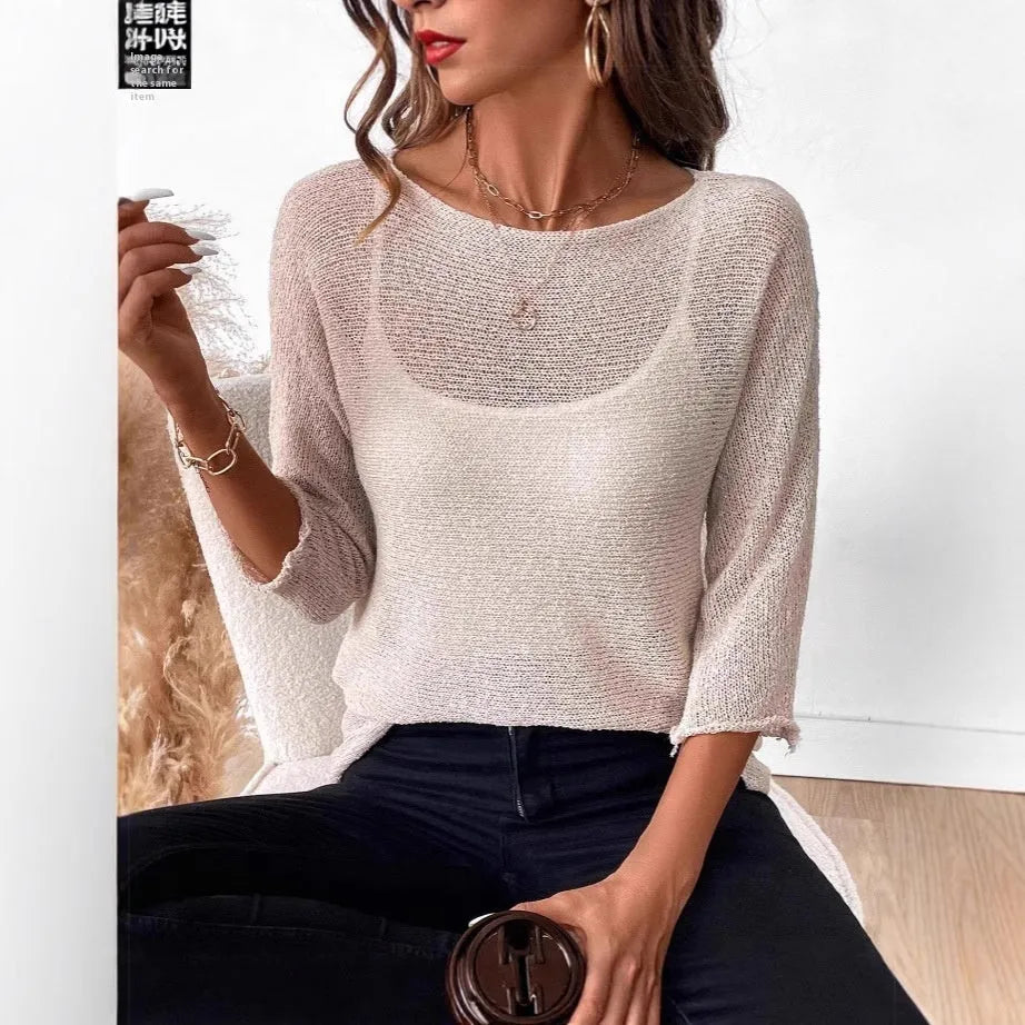 Women's thin knitted off-shoulder top in lavender purple with a 3D pattern and 3/4 sleeves.