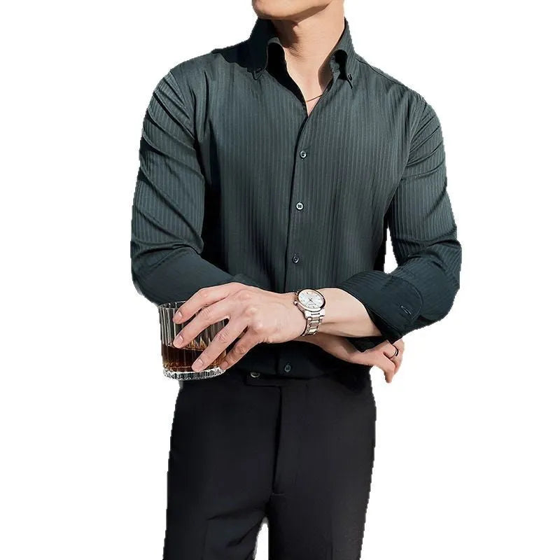 Men's dark striped V-neck long sleeve shirt in chemical fibre blend fabric available in multiple sizes