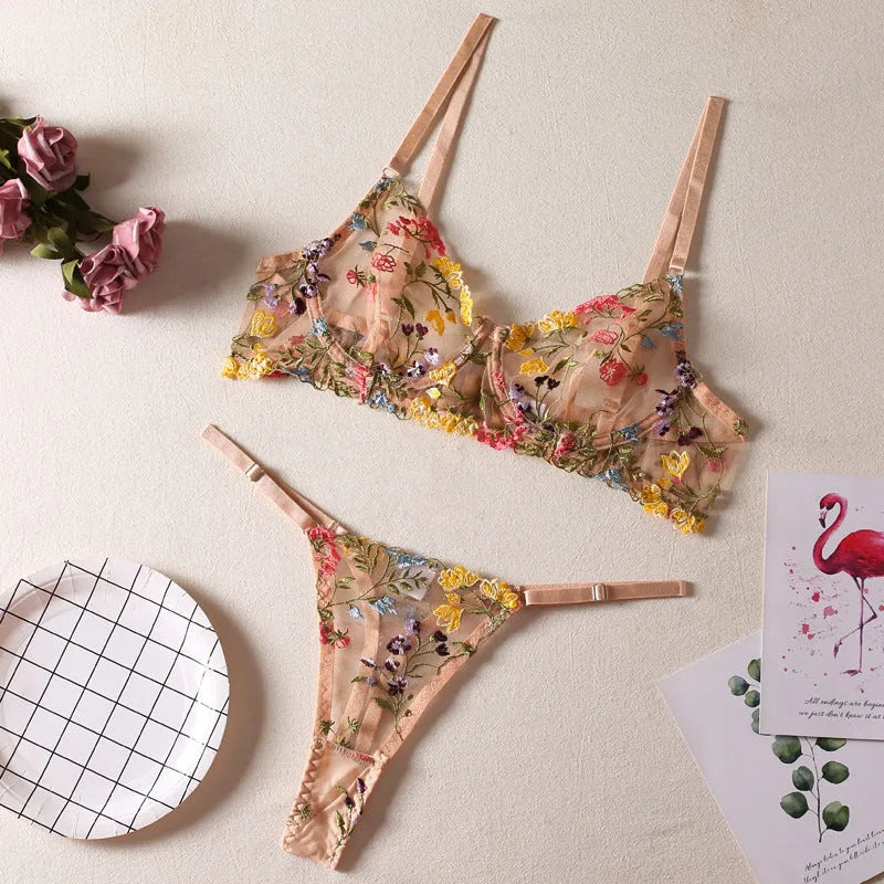 Floral pattern mesh bra with steel ring T-back and matching underwear in skin colour