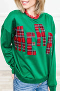 Women's white embroidered letter pattern side plaid loose fit long sleeve pullover sweater