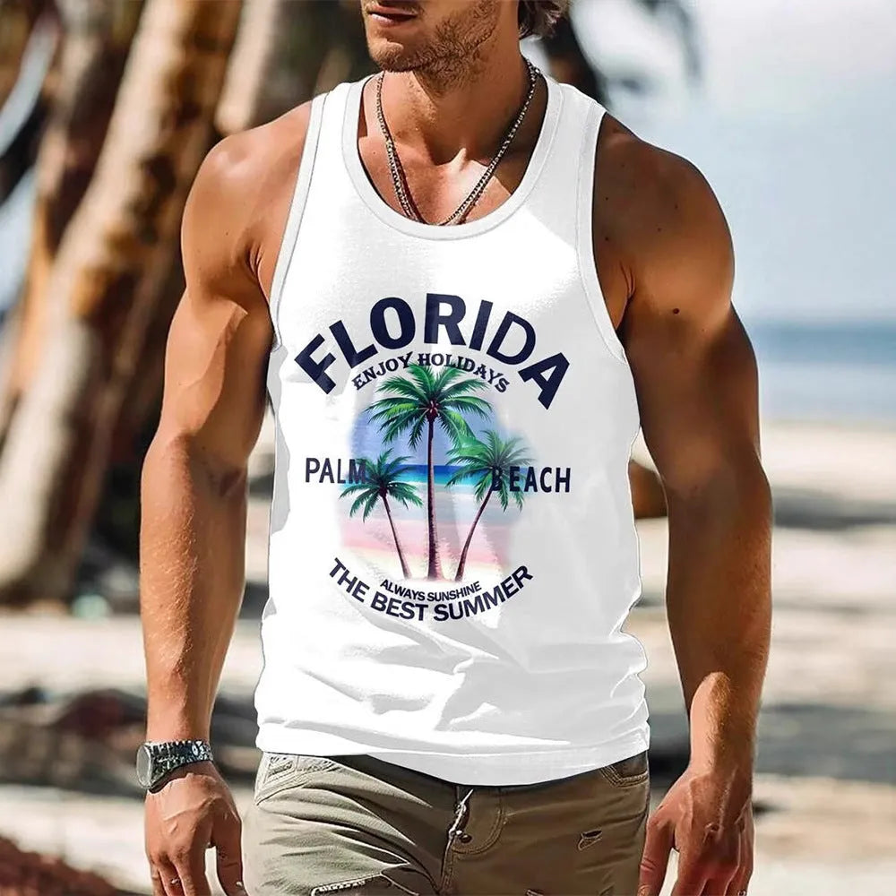 Man wearing a solid-colour sleeveless vest with a 3D printed Hawaiian pattern, showing pinhole fabric texture.