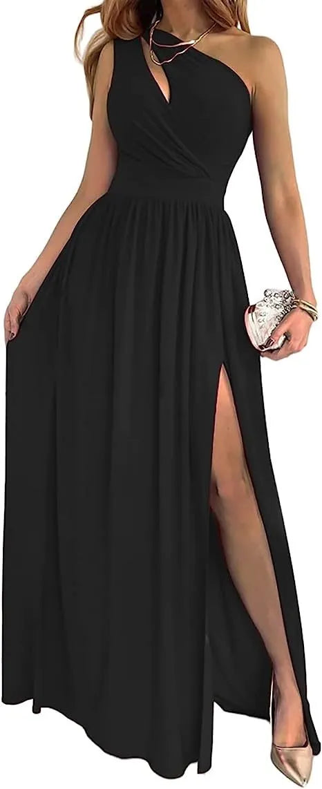 Women's apricot one shoulder maxi dress with high split and sleeveless cutout design.