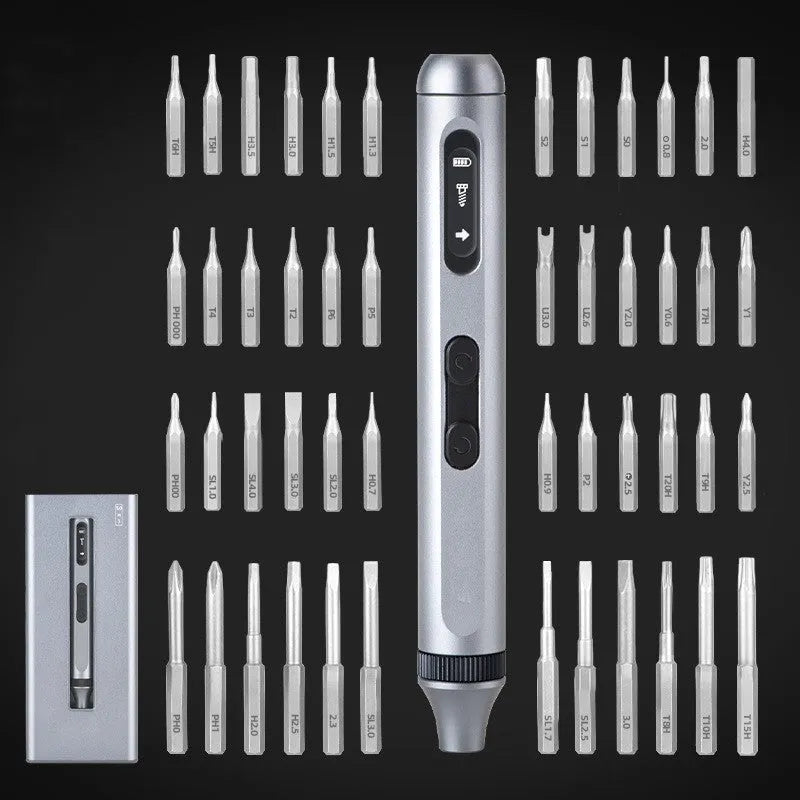 Aluminium electric screwdriver showing compact 134.5mm design with torque control settings