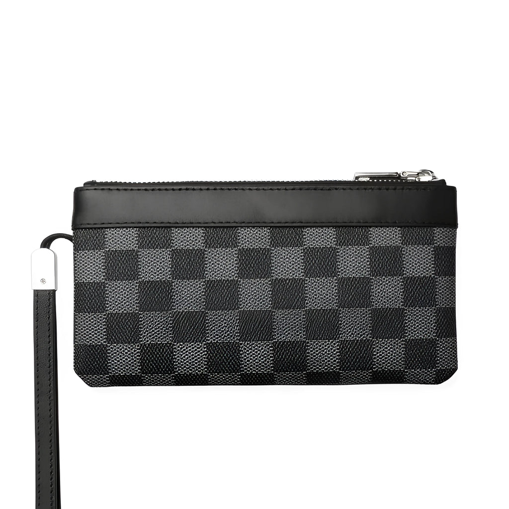 Men's black leather clutch wallet made from genuine cowhide measuring 20cm by 10cm
