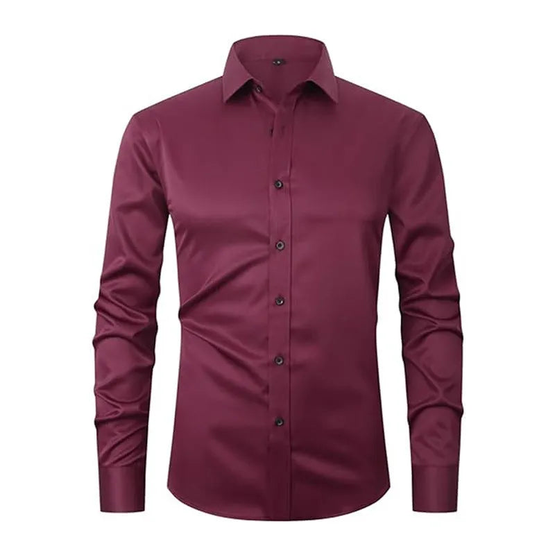 Men's stretch long sleeve shirt in polyester on a hanger, showing the button front and long sleeve design.