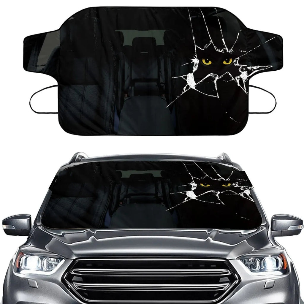 Car front snow protection cover made from silver aluminum foam fabric with black lanyard ties.