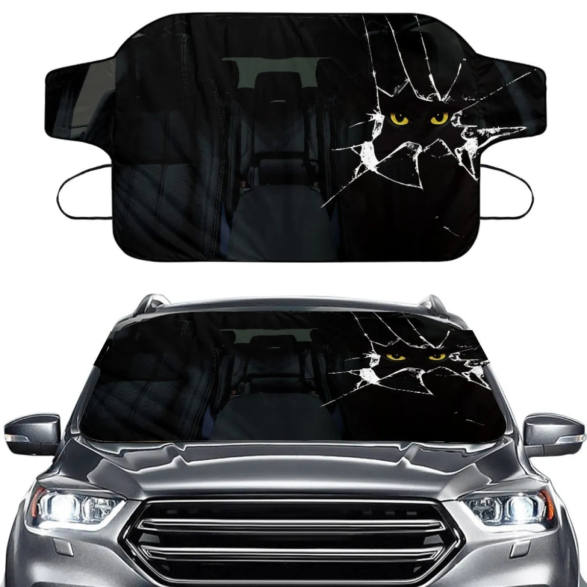 Car front snow protection cover made from silver aluminum foam fabric with black lanyard ties.