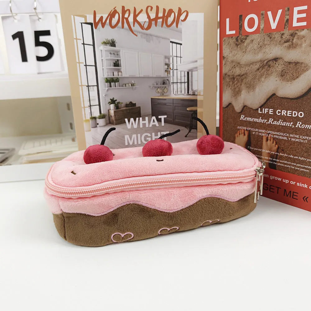 Korean style velvet pencil case with plush cherry cake design on soft fabric pen bag