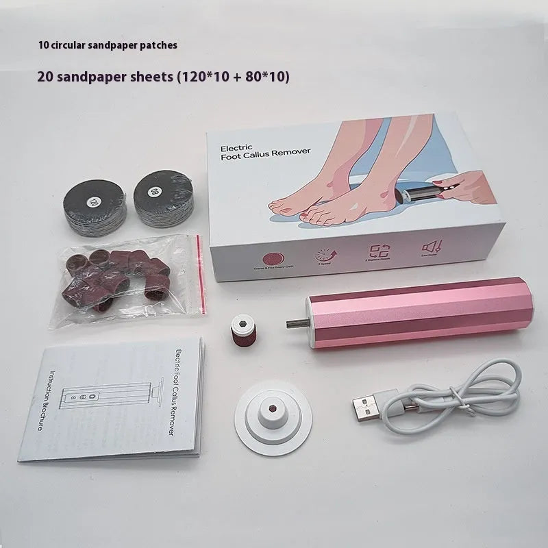 Electric callus remover and nail trimmer with sandpaper pads in pink, black or purple with USB charger
