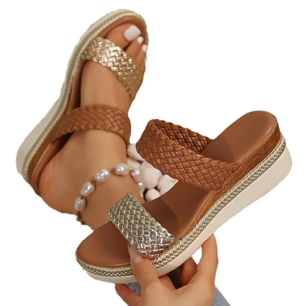 Women's gold wedge sandals with adjustable ankle strap showing PU leather construction and rubber sole