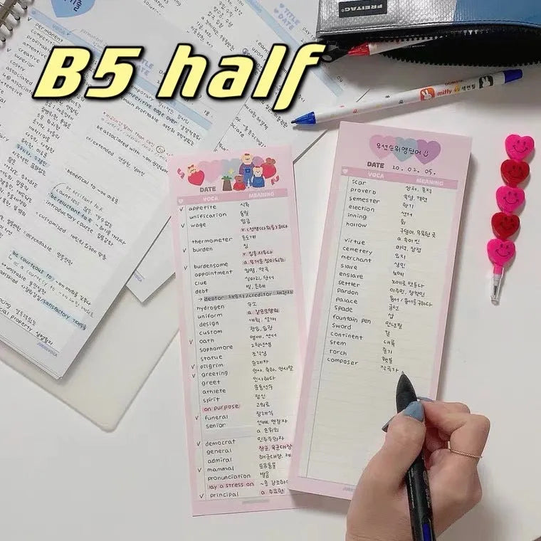 B5 half-size notepad with vertical orientation and coloured cover for English word notes