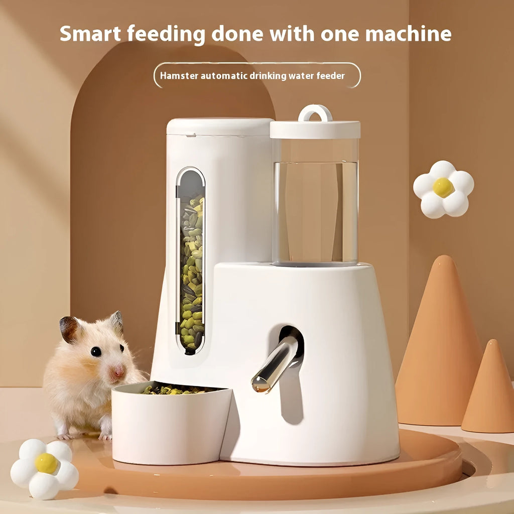 Blue hamster automatic drinking water feeder and food basin for small rodents on white background