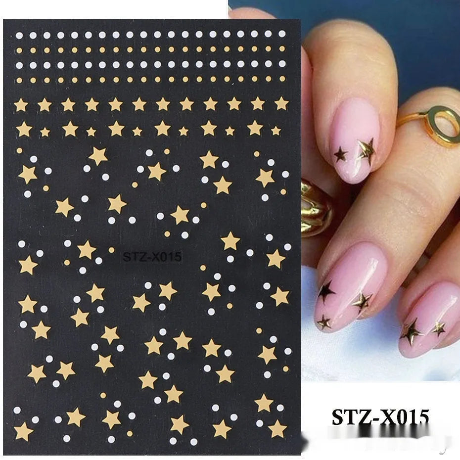 Set of 60 black and silver cartoon pattern nail strip stickers with plastic application patch.
