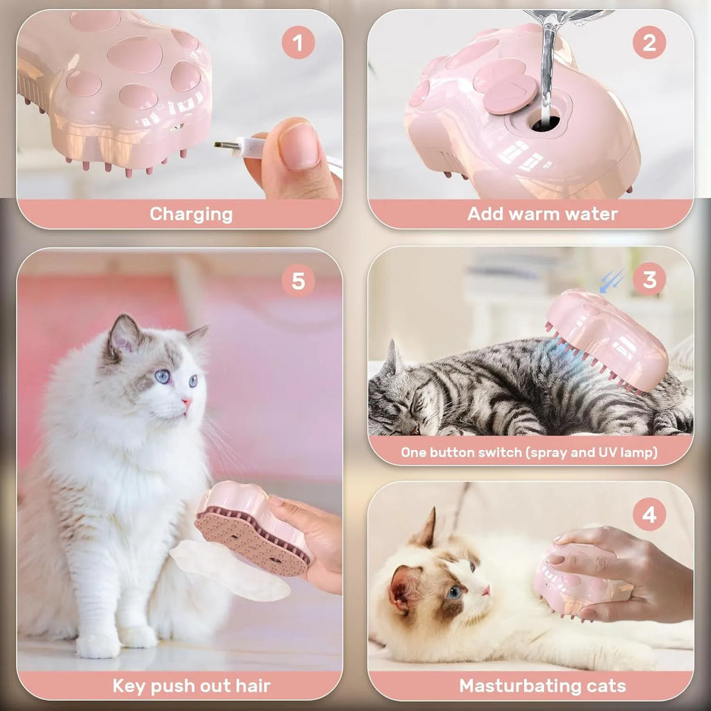 Blue self-cleaning cat steam brush with silicone bristles and a release button for pet grooming