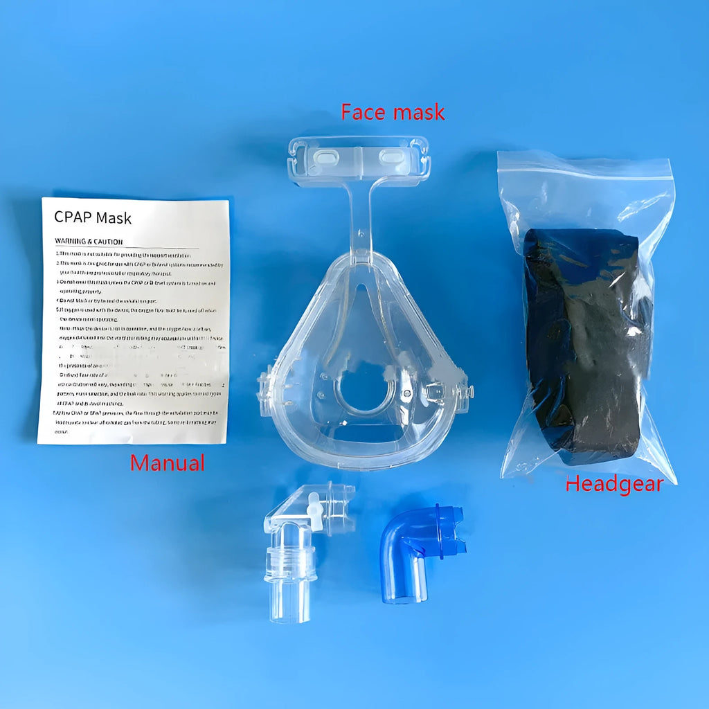 Transparent silicone CPAP breathing mask with headgear and adapter elbows