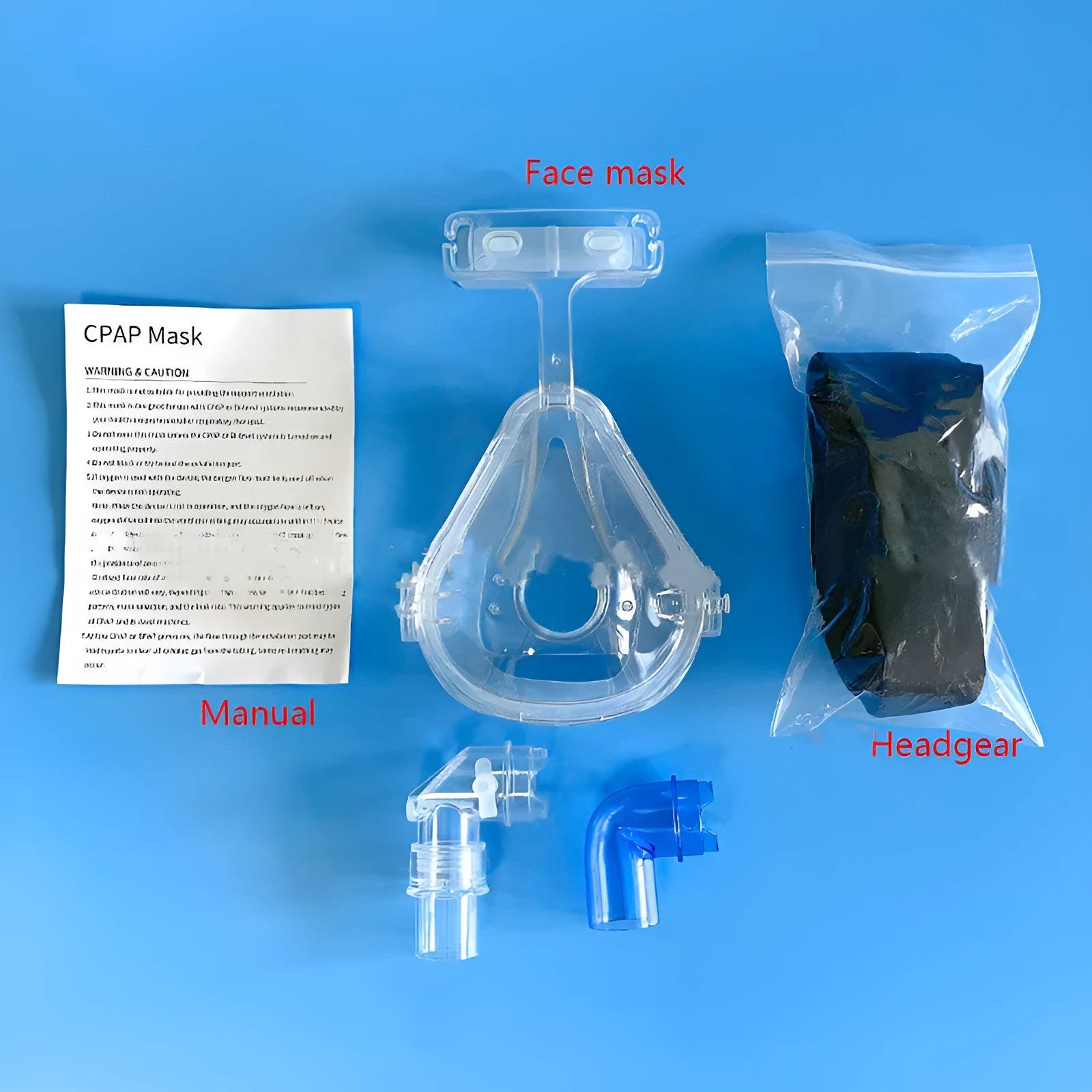 Transparent silicone CPAP breathing mask with headgear and adapter elbows