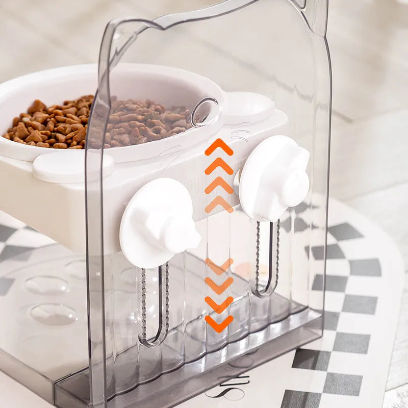 Grey and pink cat feeding bowls with anti-spill design, adjustable height, and removable hanging cage