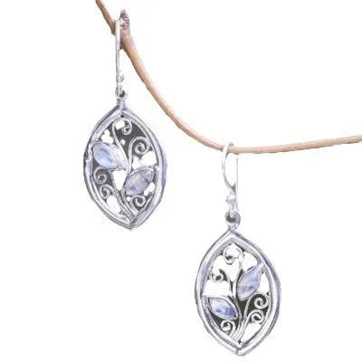 Women's silver alloy earrings with colourful moonstone embedded in leaf design
