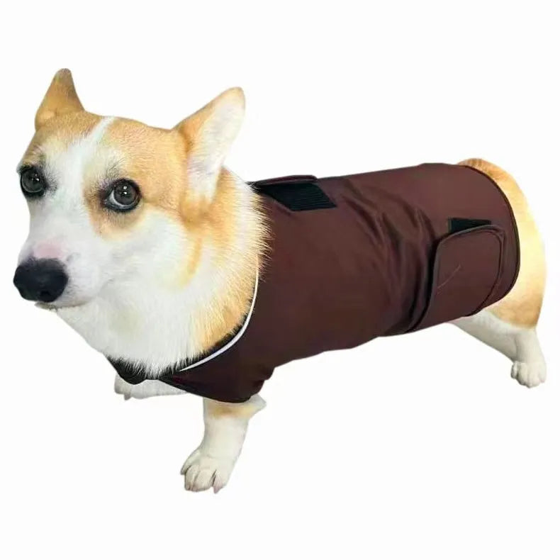 A dog wearing a brown brocade cotton Ponte-de-Roma tank top designed for anxiety relief.