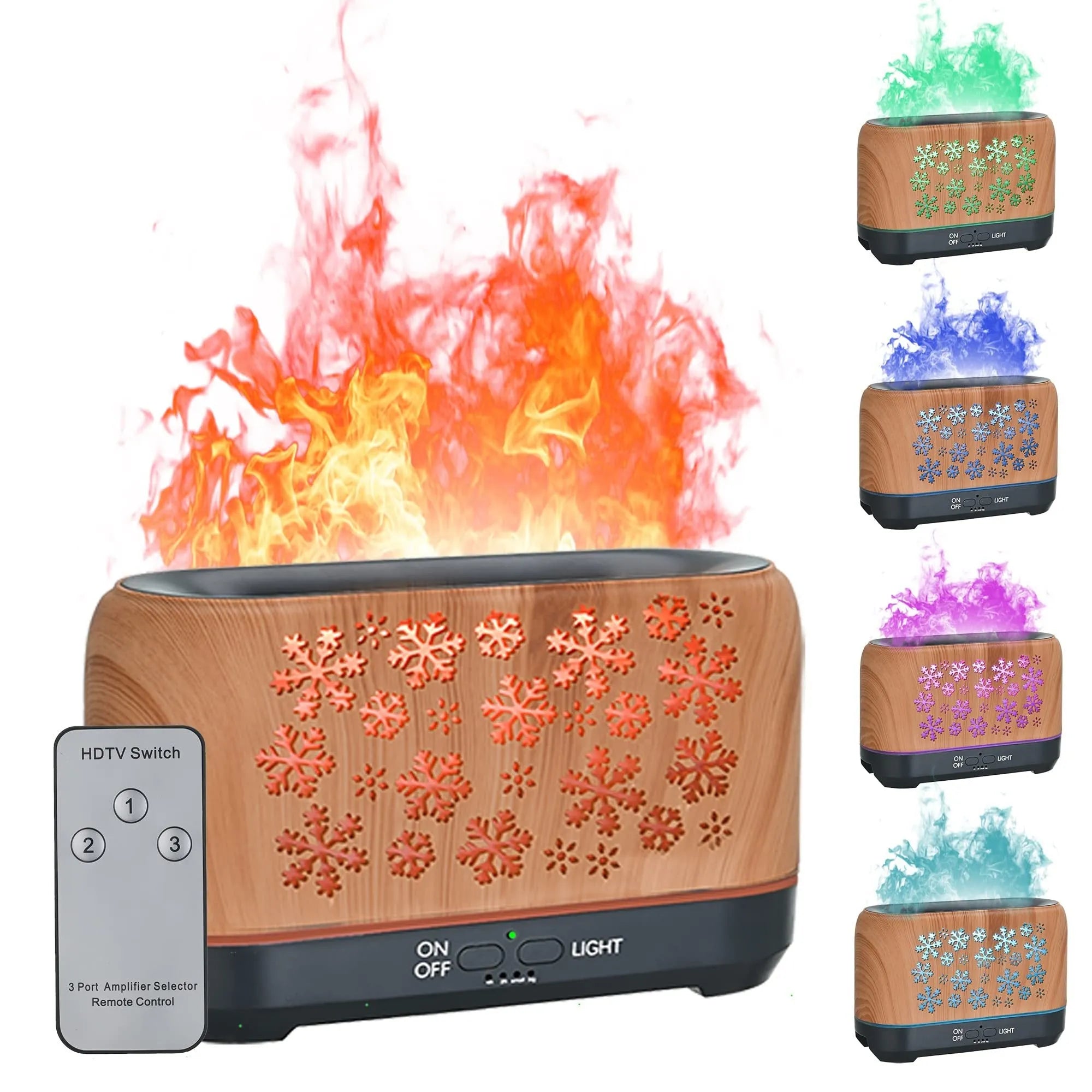 Square plastic humidifier with snowflake wood grain pattern and glowing flame effect light