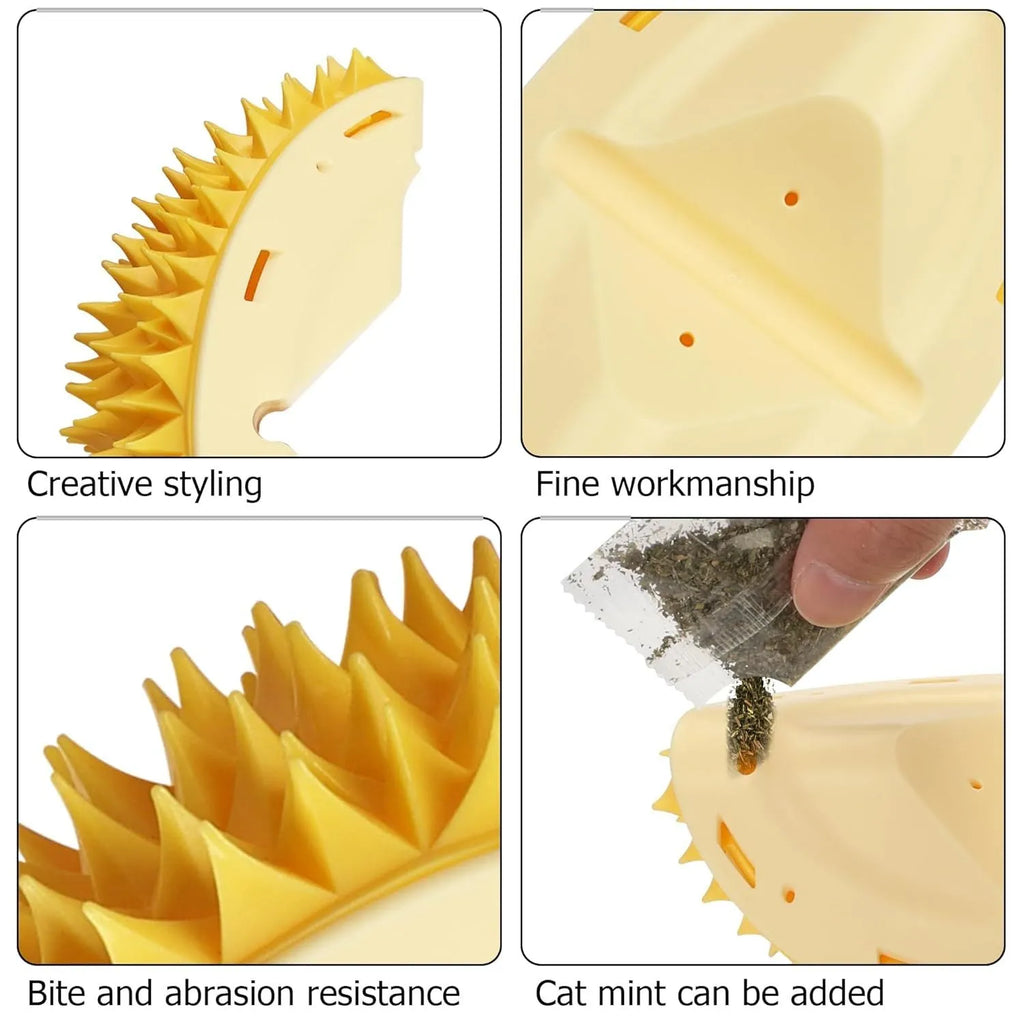 Yellow durian-shaped cat corner scratcher with spiky texture mounted on a wall
