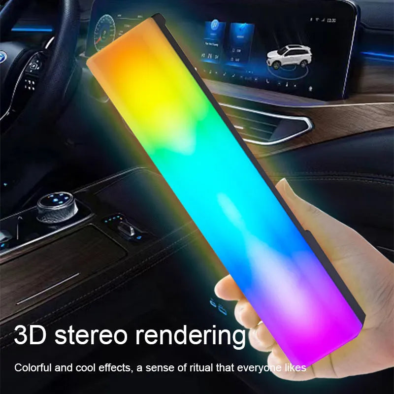 Black and white 3D RGB voice-activated music rhythm ambiance lamp on a table.
