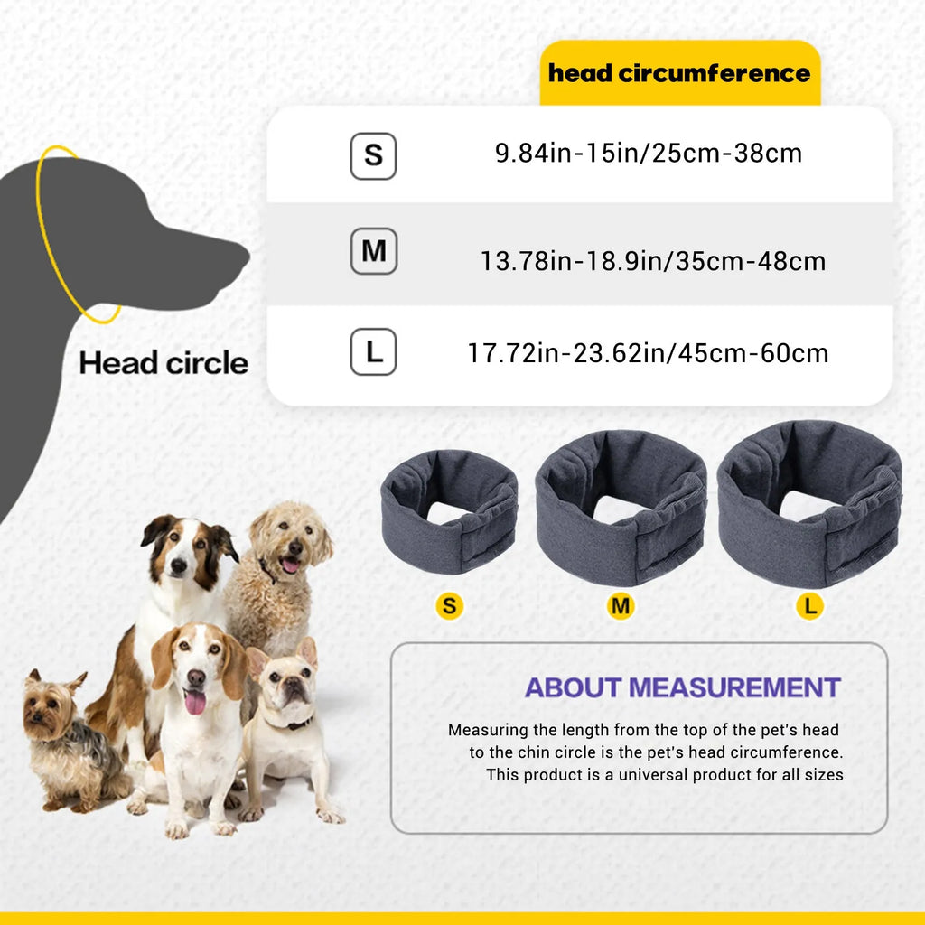 Dog wearing black calming hoodie head cover with ear wraps for noise reduction and anxiety relief