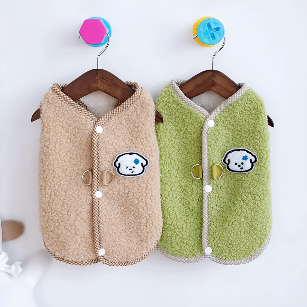 Green thickened coral fleece dog sweatshirt vest with a leash ring on a small dog.